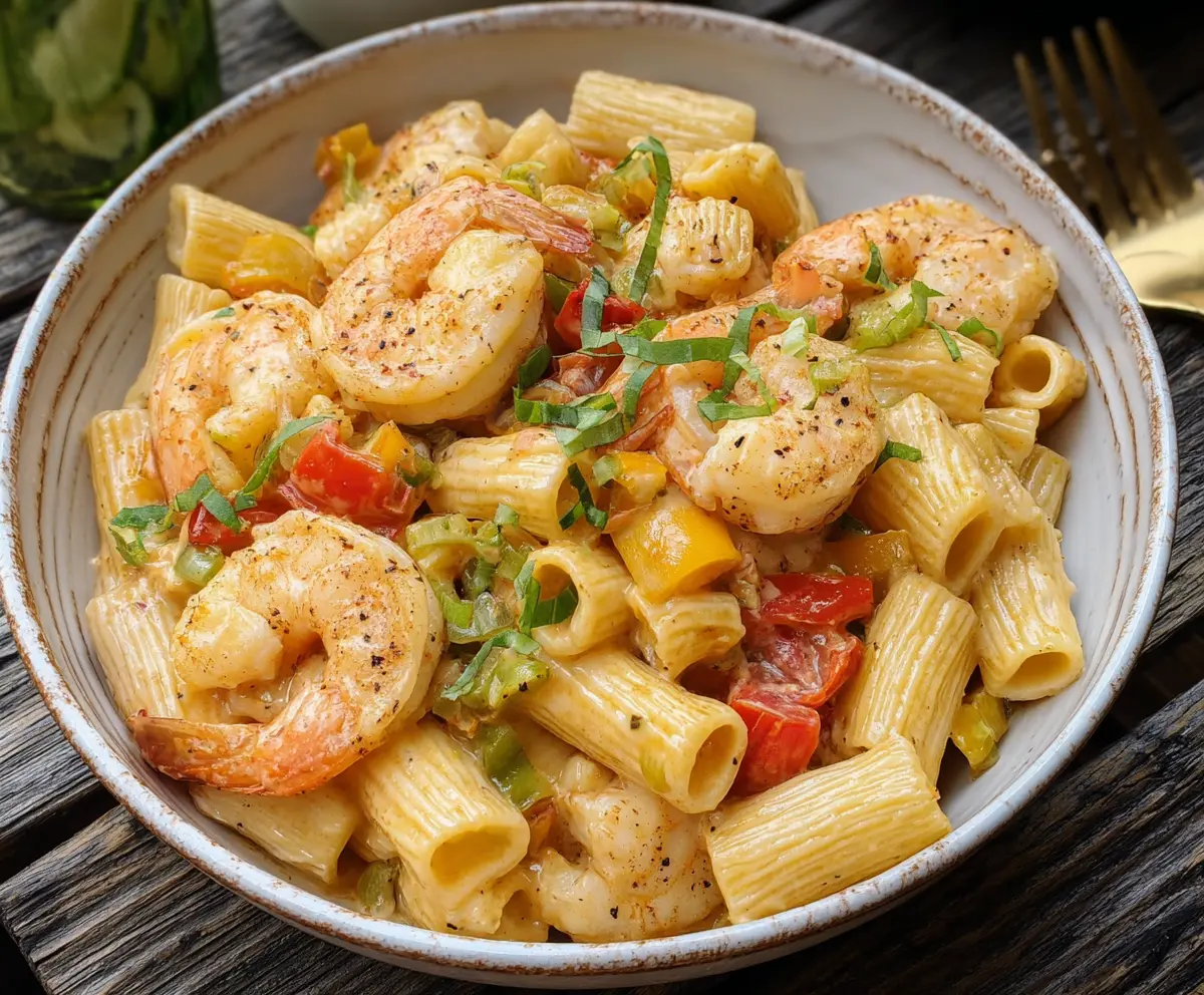 Creamy Jamaican Shrimp Rasta Pasta served with colorful vegetables and herbs.