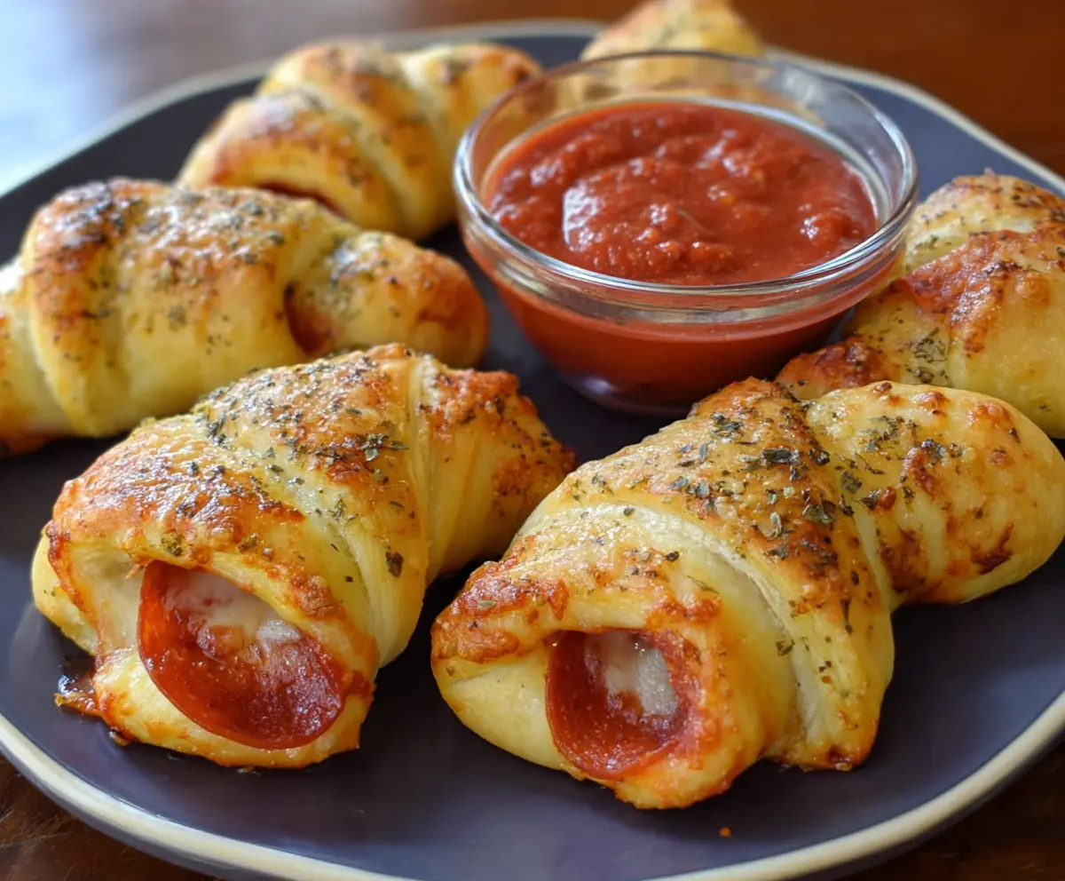 Close-up of golden crescent pizza rolls filled with cheese and pepperoni, perfect for snacking.
