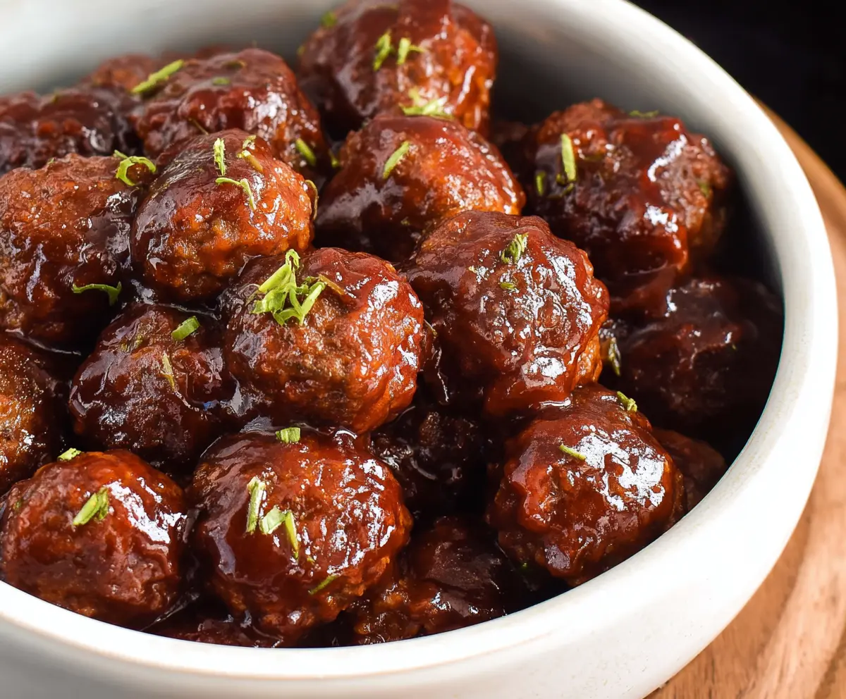 Delicious crockpot meatballs glazed with savory BBQ sauce on a serving platter.