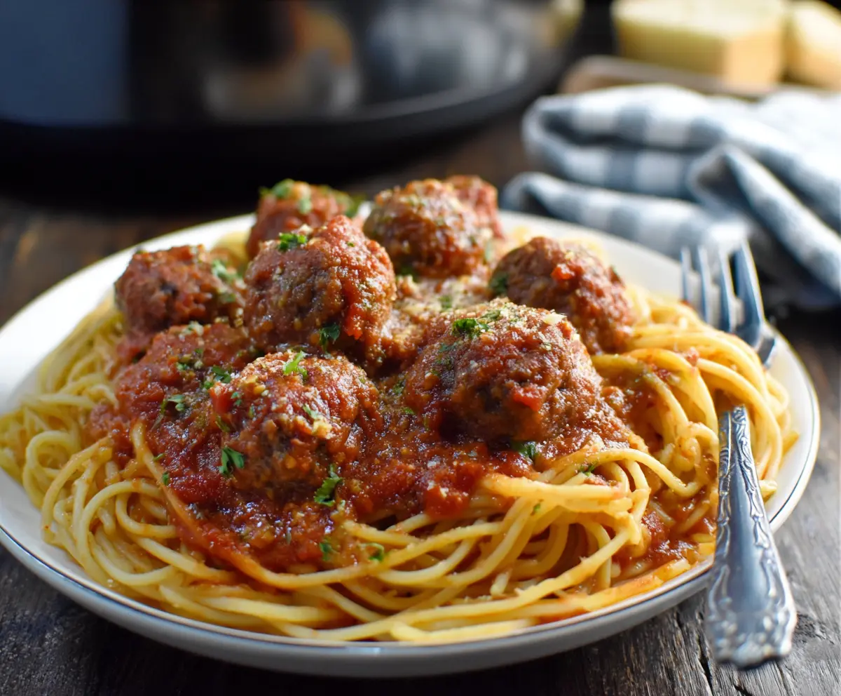 Delicious crockpot spaghetti with homemade meatballs ready to serve.