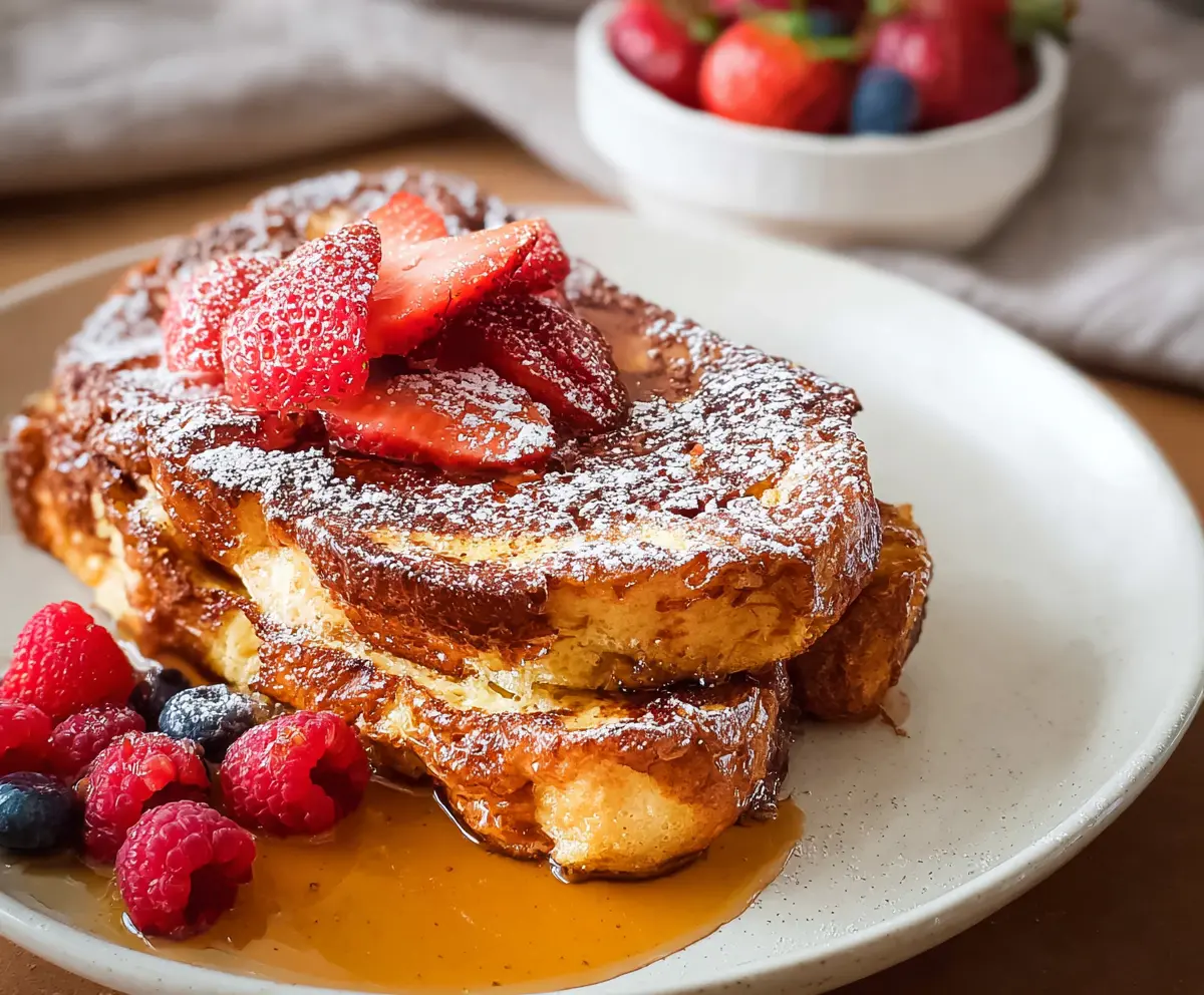 Delicious croissant French toast topped with fresh berries and powdered sugar on a white plate.