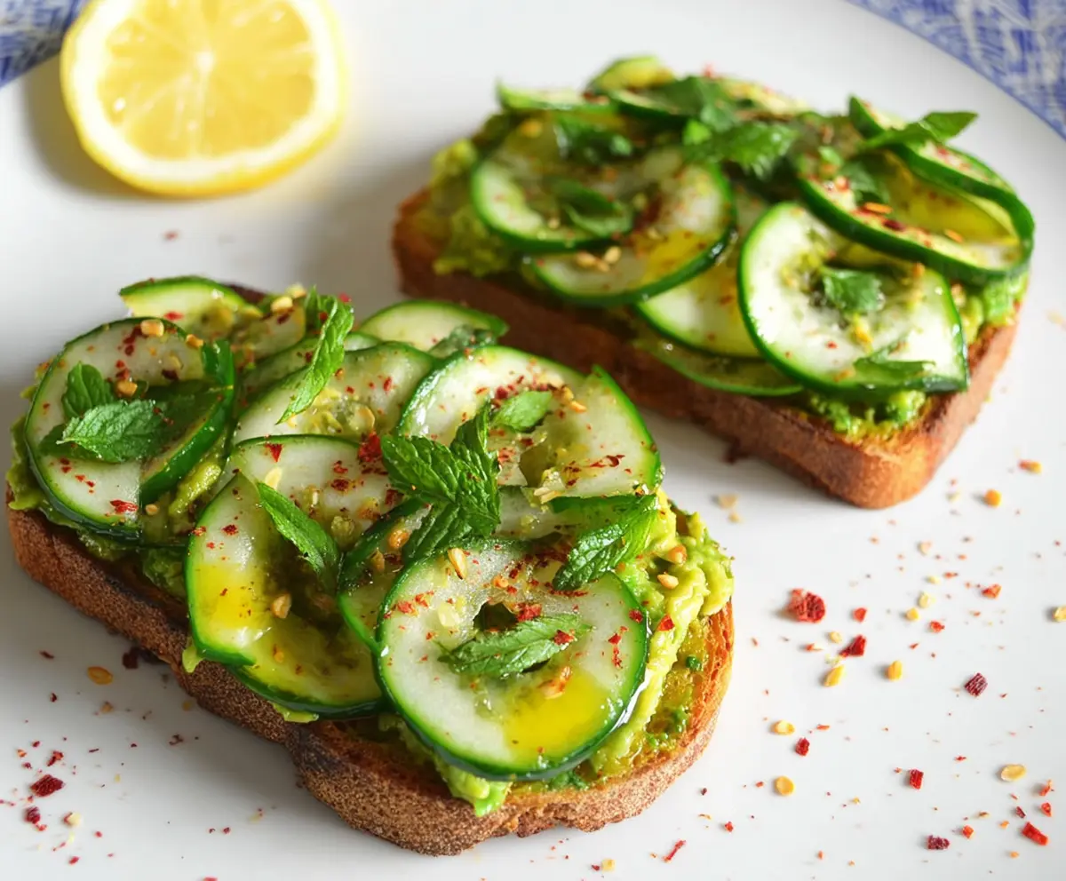 Fresh cucumber and creamy avocado on whole grain toast for a healthy Cucumber Avocado Toast recipe.