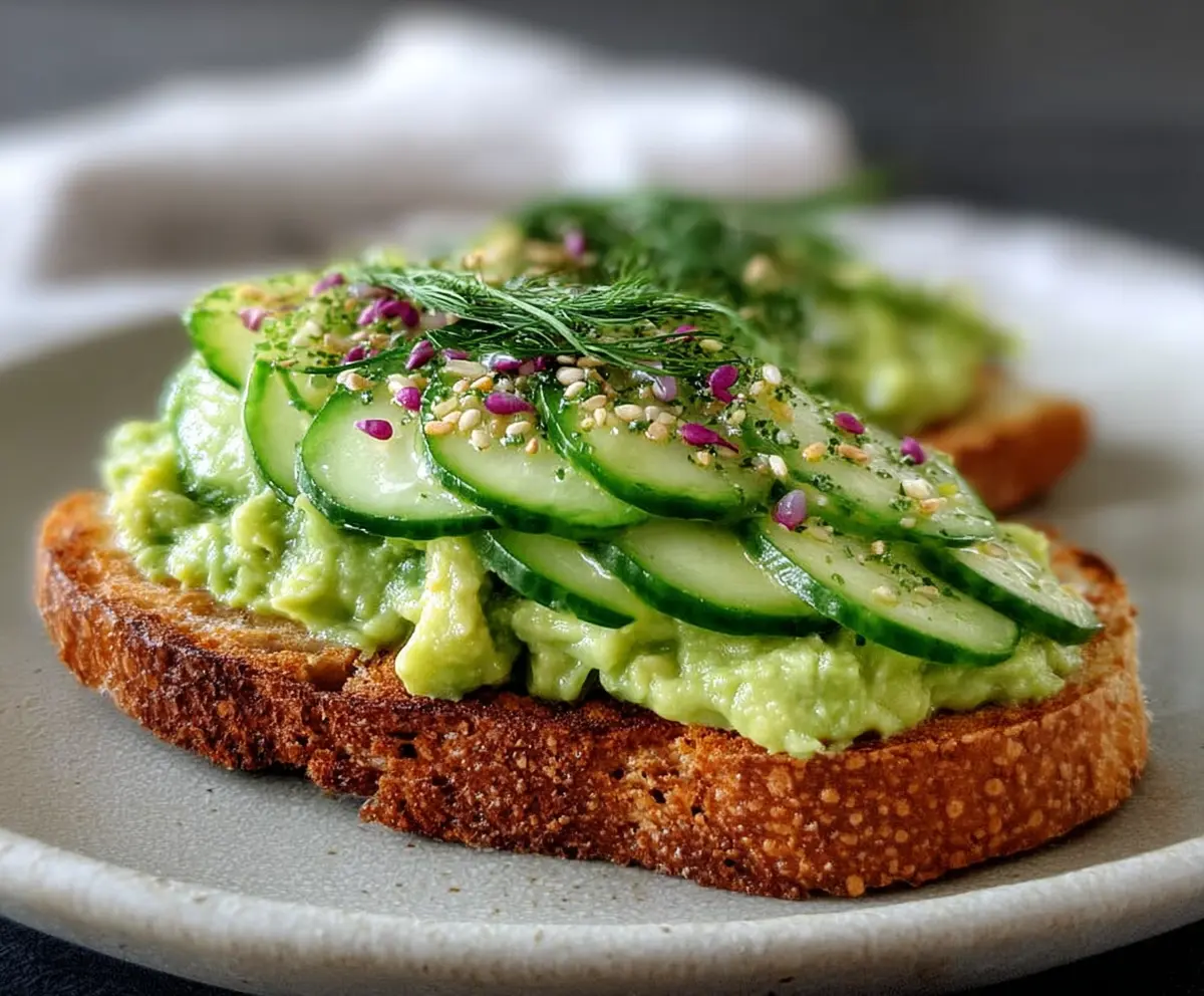Fresh cucumber and creamy avocado toast on whole grain bread, perfect for a healthy snack.