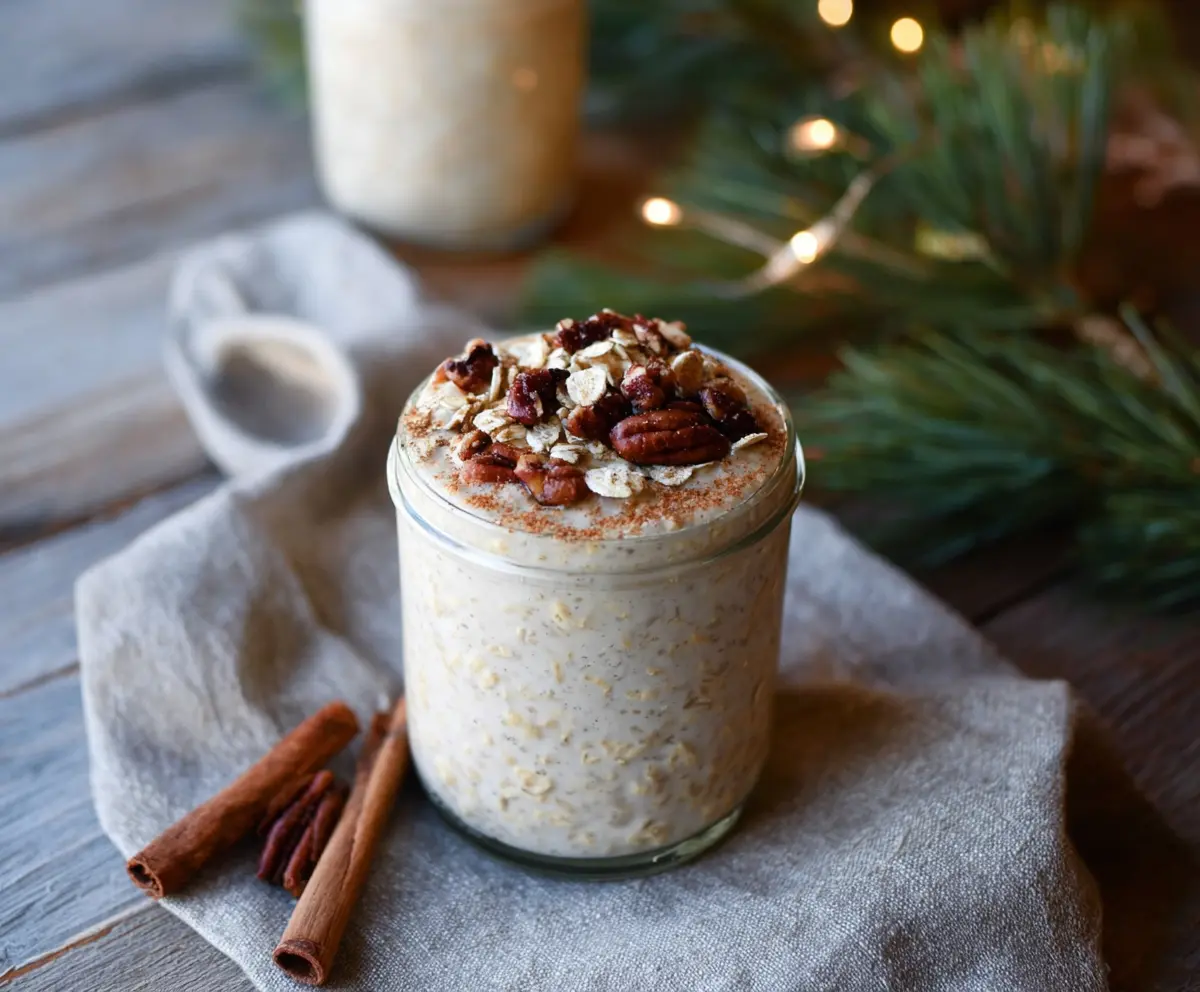Creamy Eggnog Overnight Oats with a sprinkle of nutmeg and cinnamon for a festive breakfast.