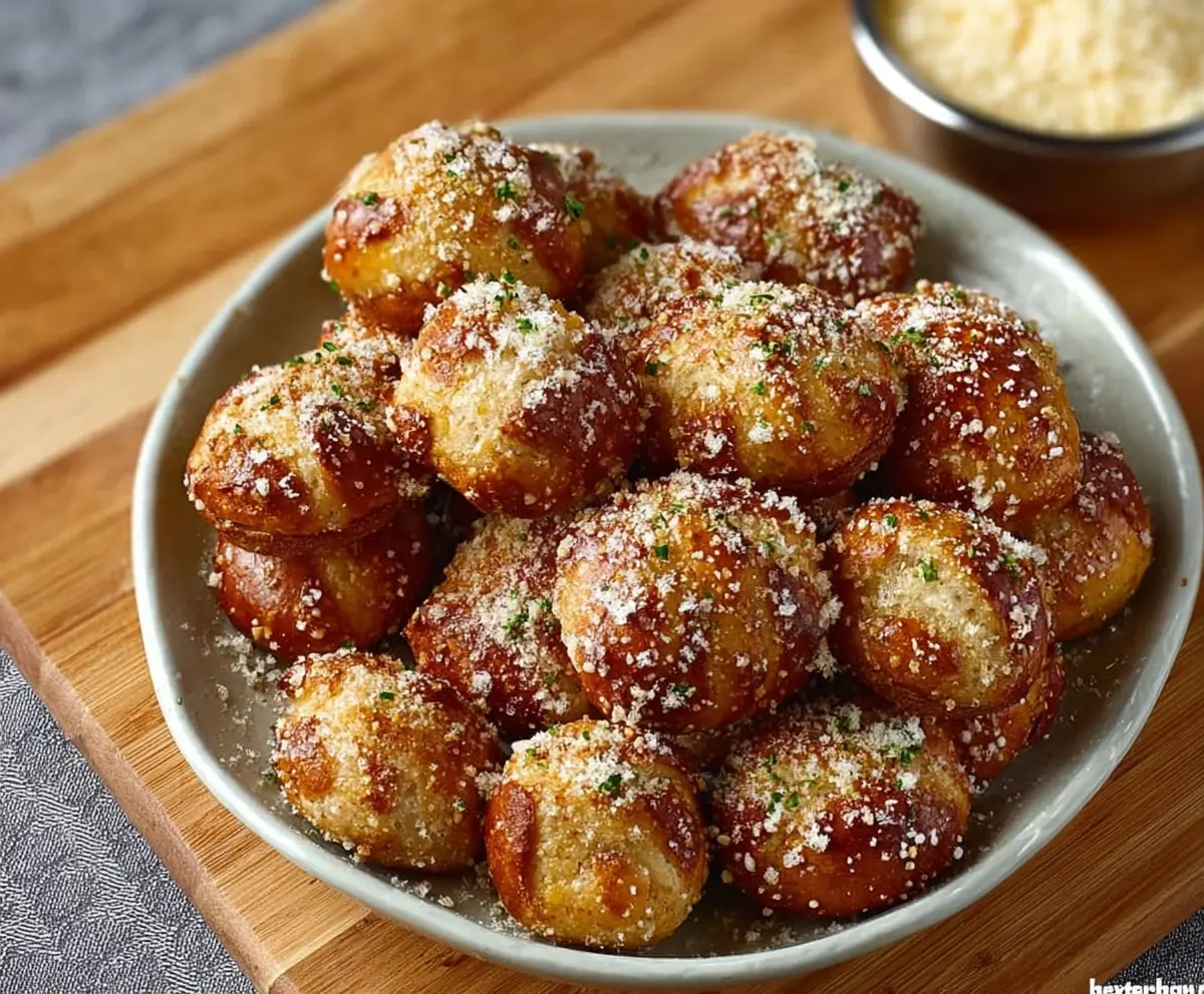 Golden garlic Parmesan pretzel bites on a serving platter, sprinkled with fresh herbs and cheese.