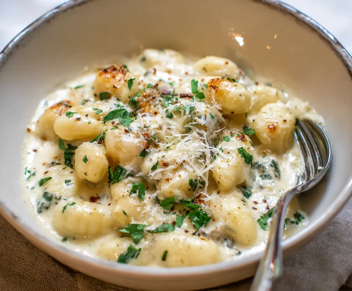 Creamy Gnocchi Alfredo served with fresh herbs on a white plate.