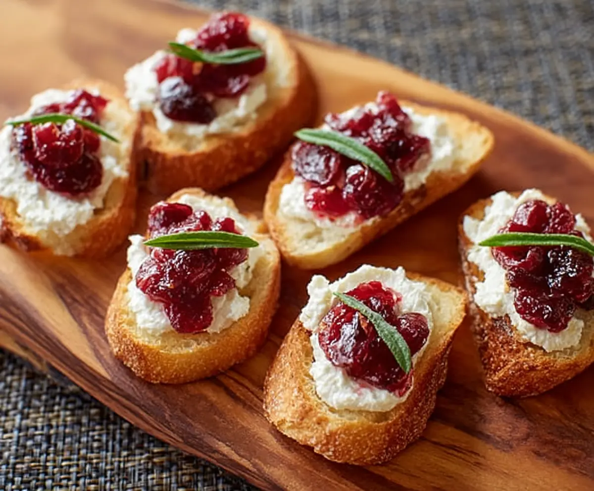 Delicious goat cheese and cranberry crostini served on a wooden platter, perfect appetizer for parties.