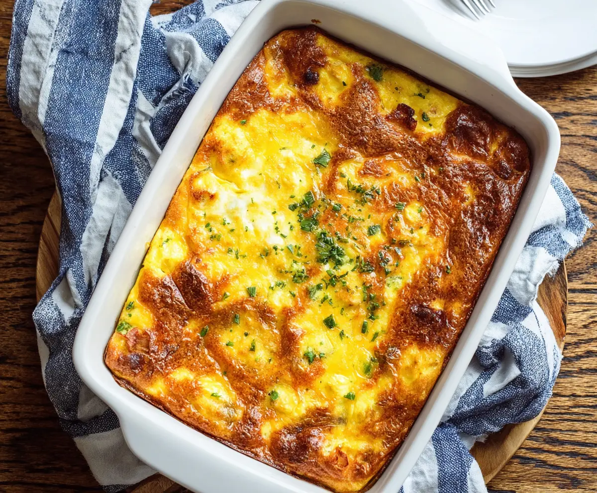 Golden Potatoes O'Brien Breakfast Casserole topped with fresh herbs for a hearty morning meal.