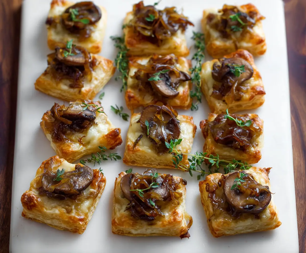 Delicious Gruyere Mushroom and Caramelized Onion Bites served on a platter