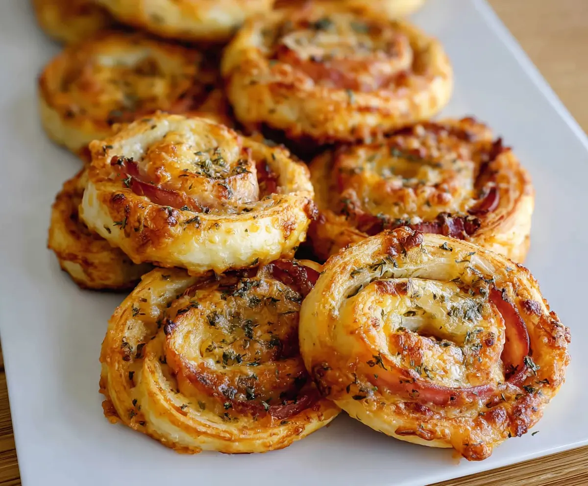 Delicious ham and cheese pinwheels freshly baked with golden crust and gooey cheese filling.