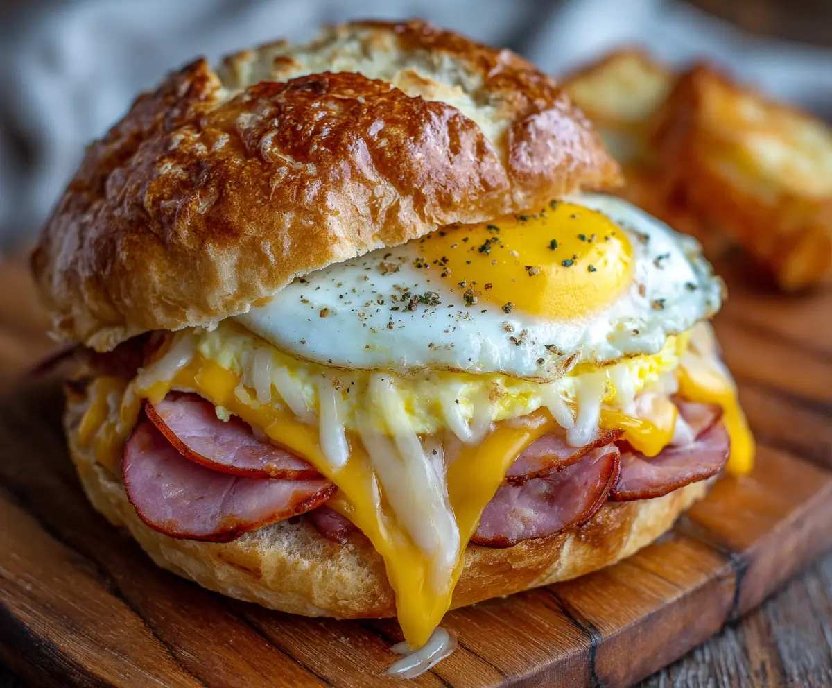 Delicious ham, egg, and cheese breakfast sandwich on a toasted bun, perfect for a morning meal.
