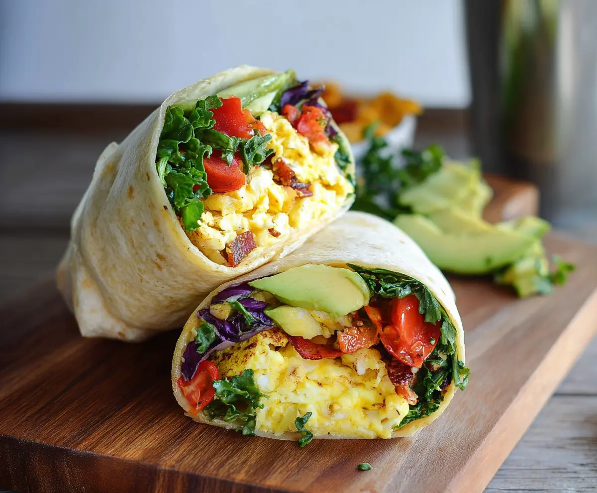 Healthy breakfast burrito filled with fresh vegetables, scrambled eggs, and lean proteins.