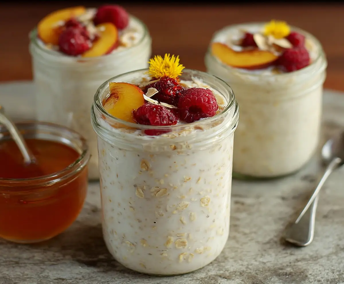 Creamy honey vanilla overnight oats in a glass jar topped with fresh berries and chia seeds.