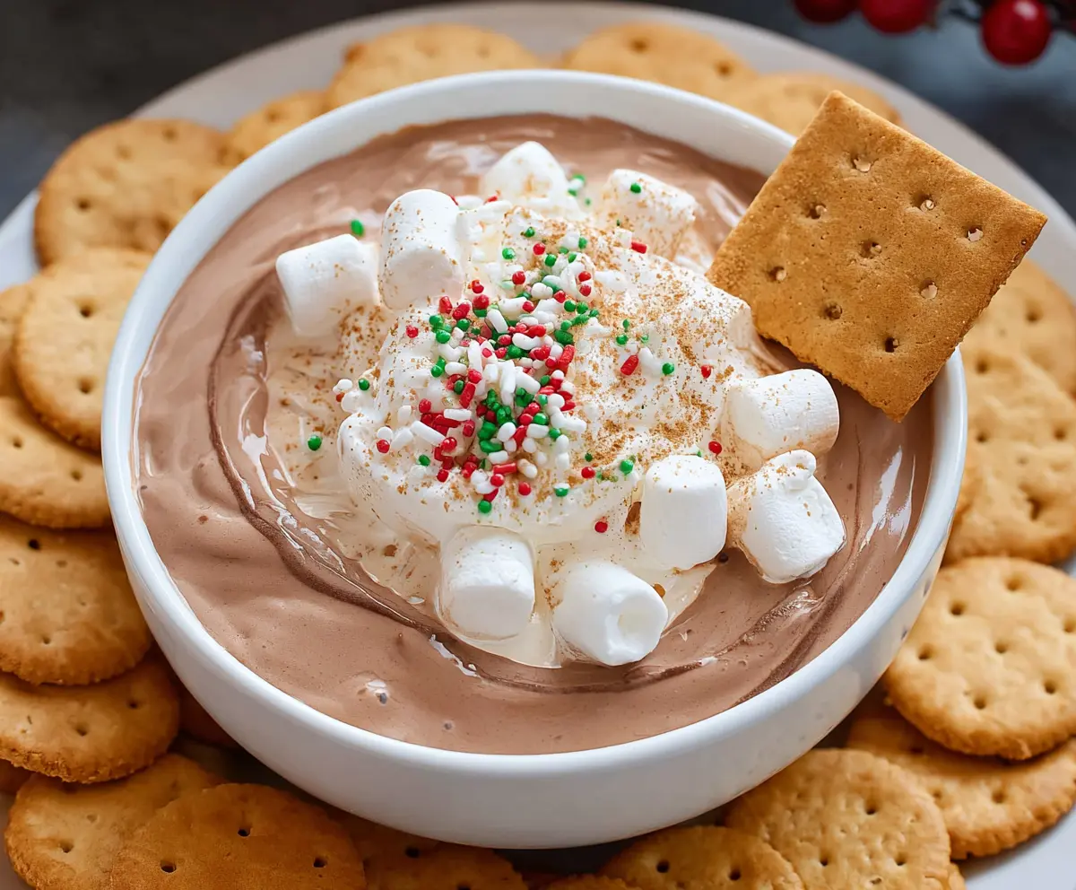 Creamy Hot Cocoa Dip served with marshmallows and chocolate chips for a cozy dessert