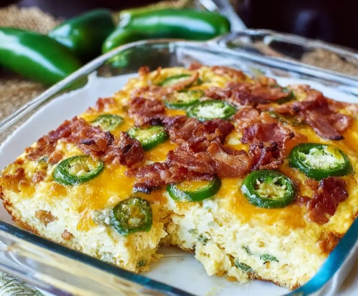 Close-up of a savory Jalapeño Popper Breakfast Casserole garnished with fresh herbs, ready to serve for brunch.