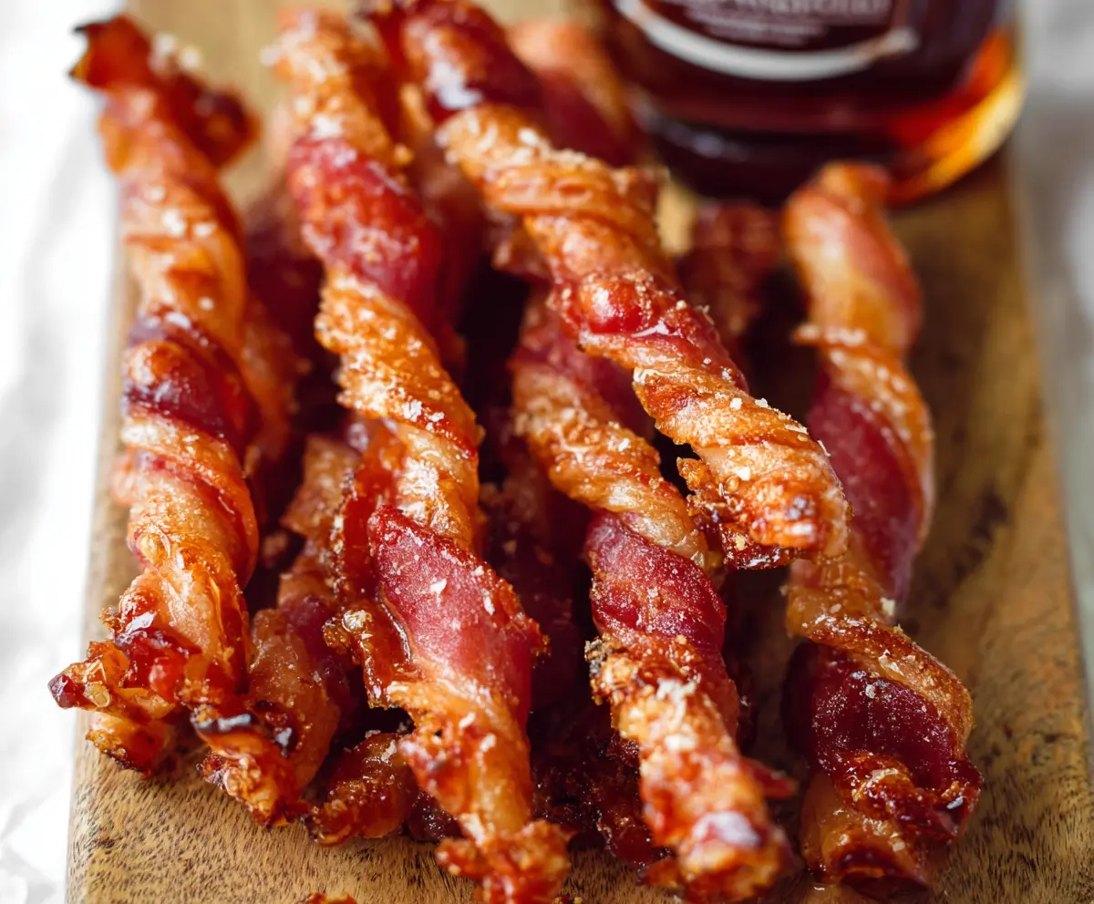 Delicious maple bacon twists on a plate, garnished with fresh herbs, perfect for breakfast or brunch.