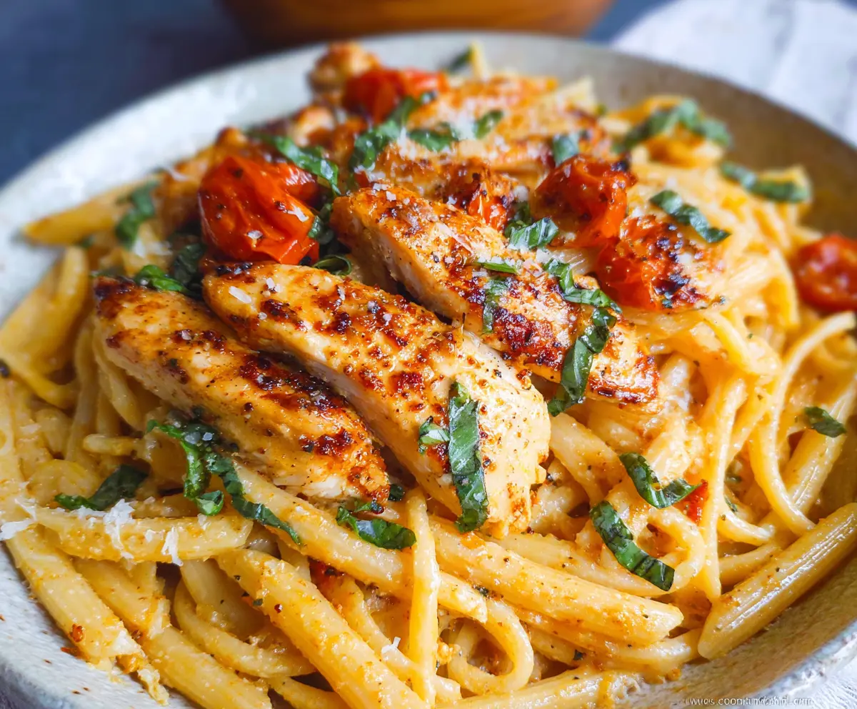 Creamy Marry Me Chicken Pasta dish garnished with fresh herbs on a white plate