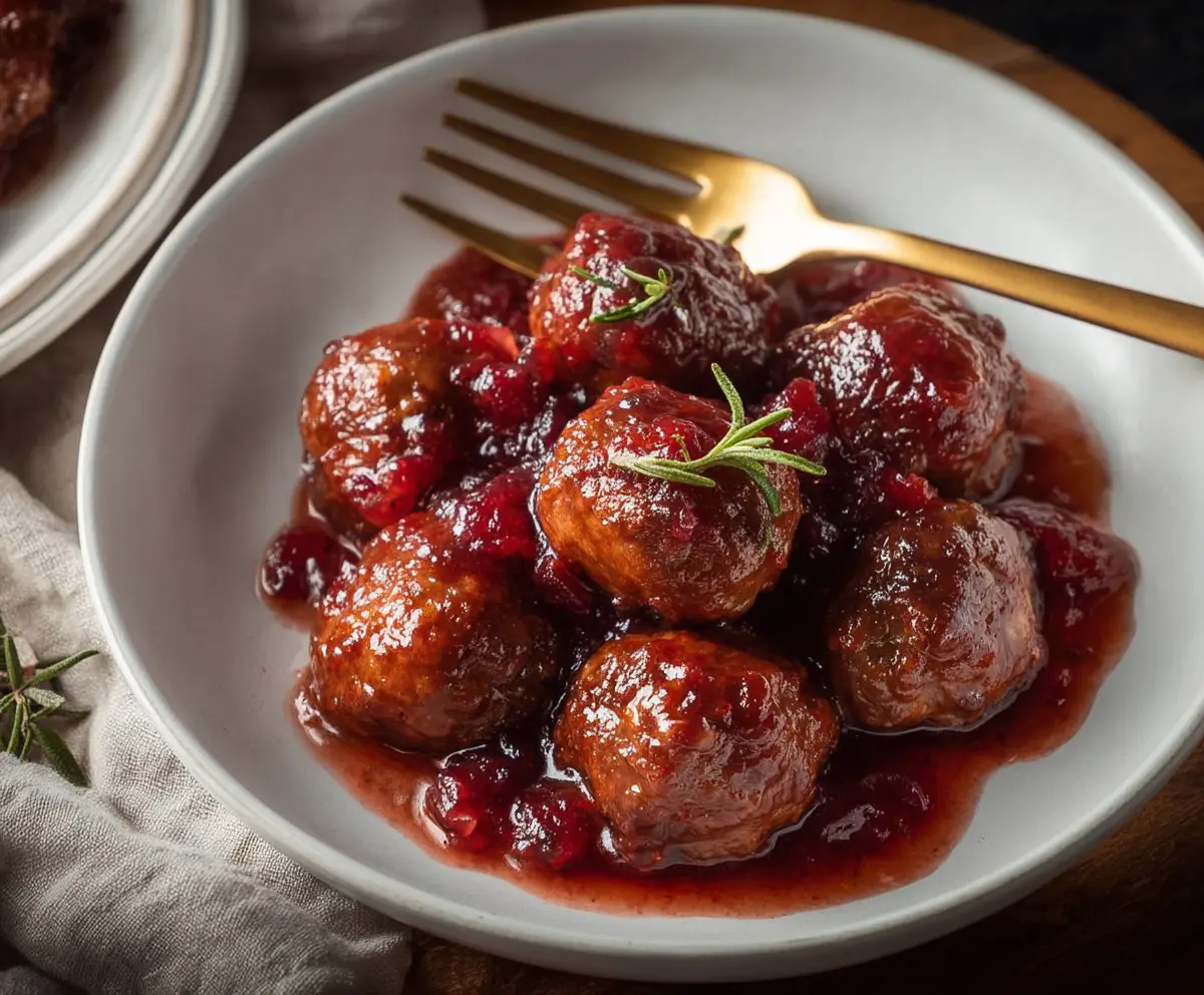 Delicious homemade meatballs served in a rich cranberry sauce, perfect for holiday appetizers.