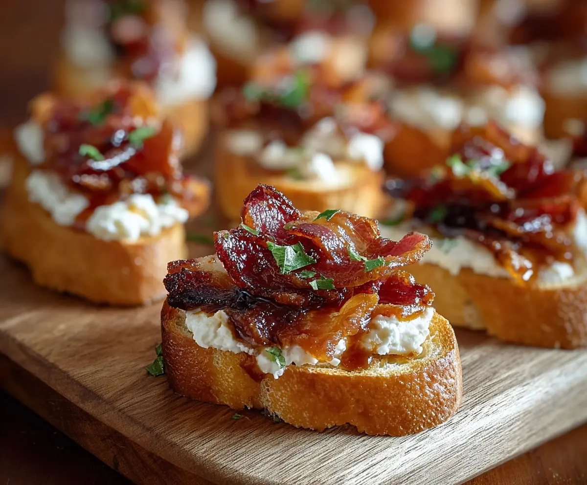 Crispy Million Dollar Bacon Crostini topped with cheese and herbs on a wooden serving platter