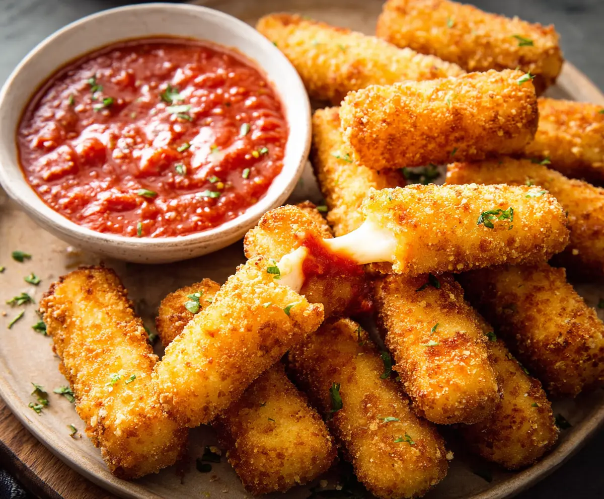 Golden crispy mozzarella sticks served with marinara sauce on a plate.