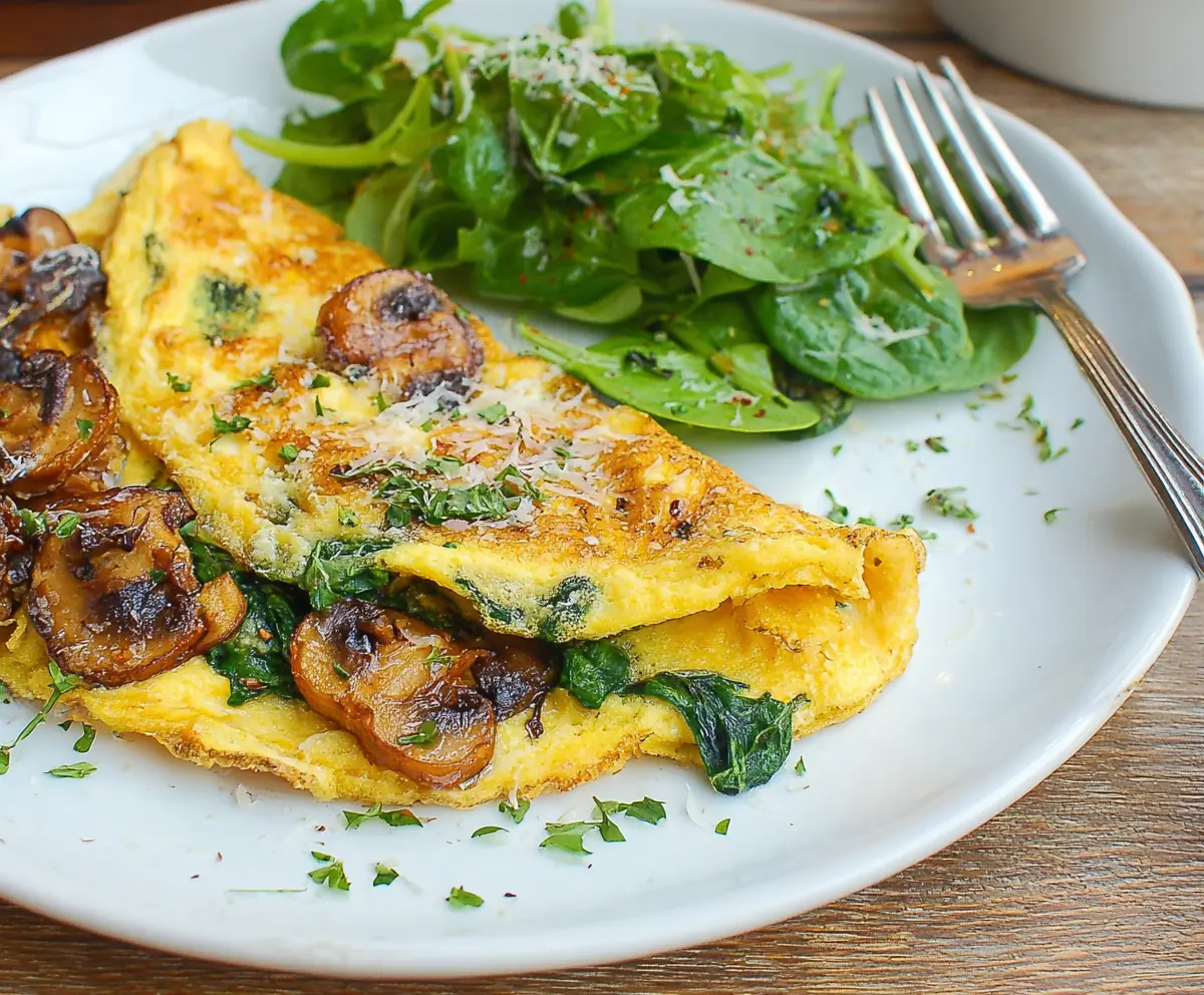 Delicious mushroom and spinach omelet with fresh ingredients and fluffy texture.