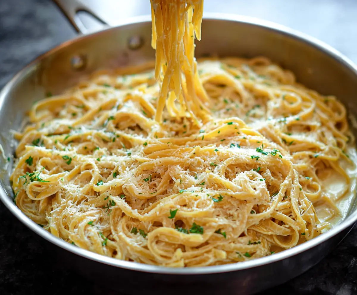 Delicious One Pan Garlic Parmesan Pasta served on a plate with fresh herbs