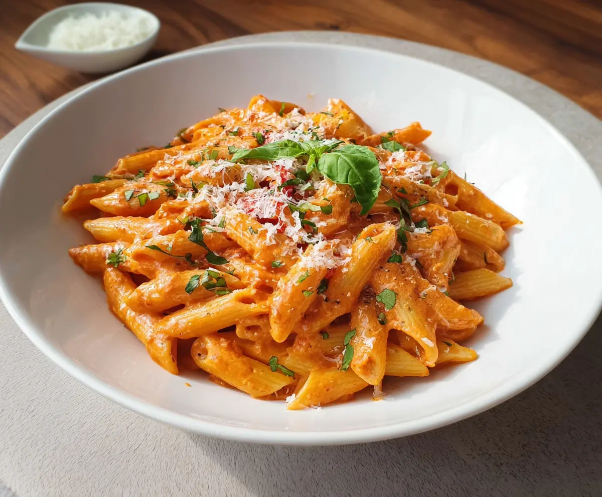 Creamy Pasta Alla Vodka served with a sprinkle of herbs and grated cheese.