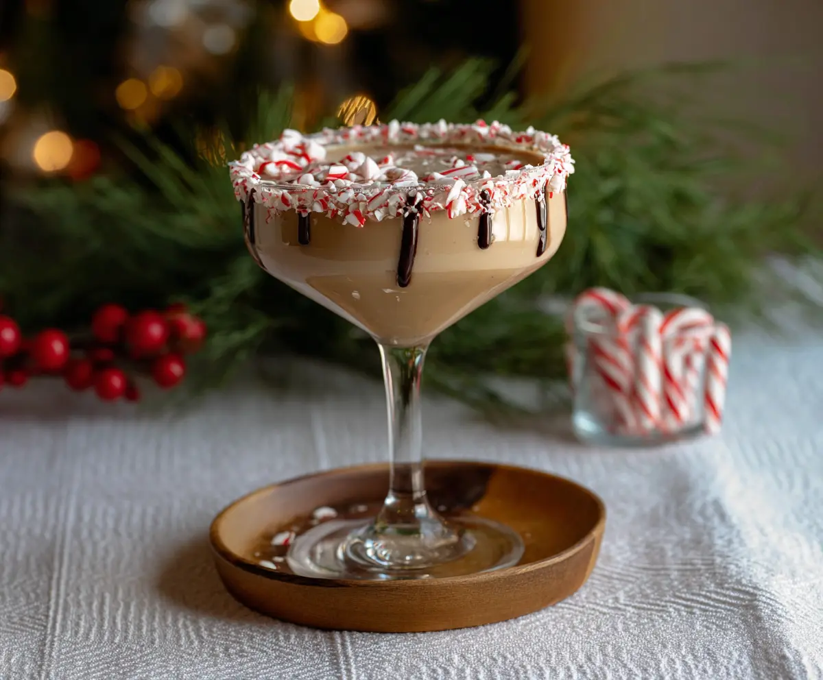 Delicious Peppermint Mocha Martini in a elegant glass with peppermint garnish, perfect for holiday celebrations.