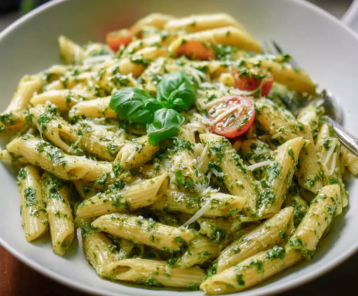 Delicious pesto penne pasta garnished with fresh basil and grated cheese on a white plate.