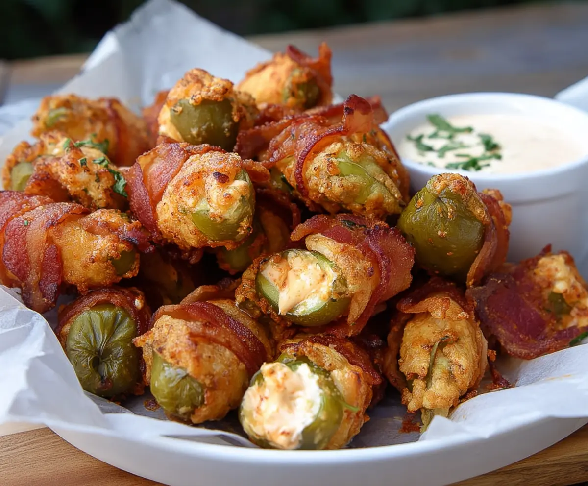 Delicious pickle poppers stuffed with cheese and wrapped in bacon, perfect as a savory appetizer.