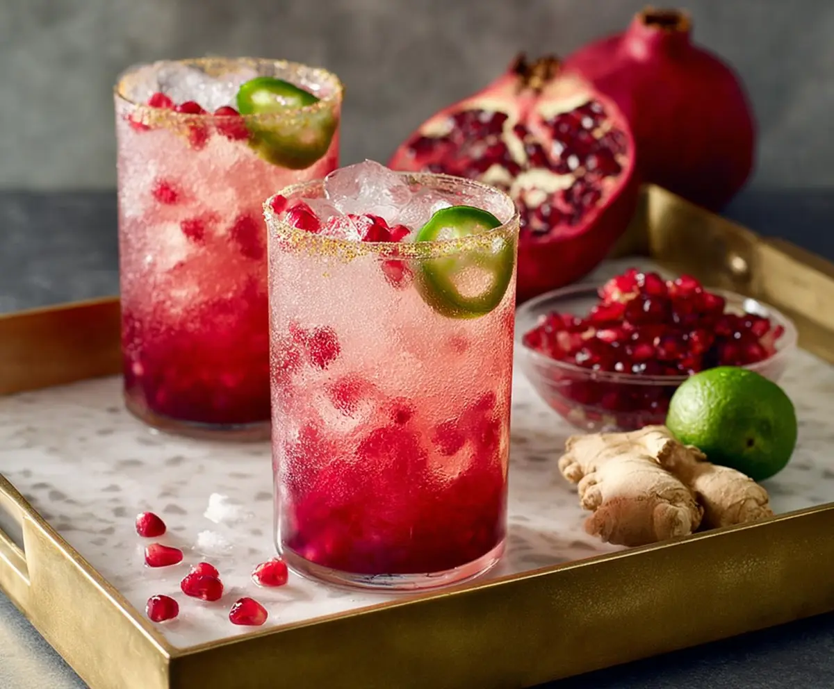 Refreshing Pomegranate Ginger Fizz cocktail with vibrant red pomegranate seeds and fresh ginger slices.