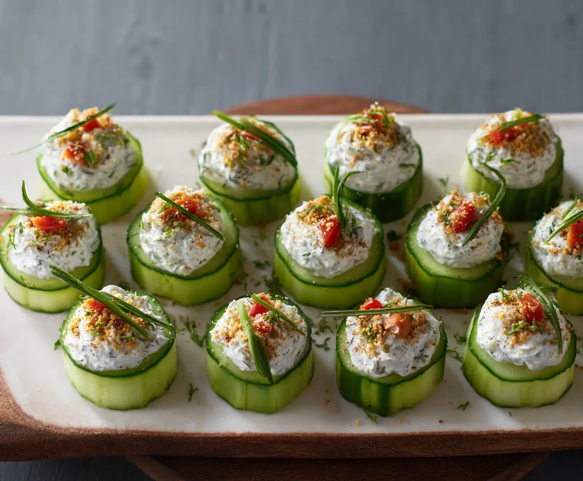 Delicious Ranch Cucumber Bites appetizer on a plate with fresh herbs