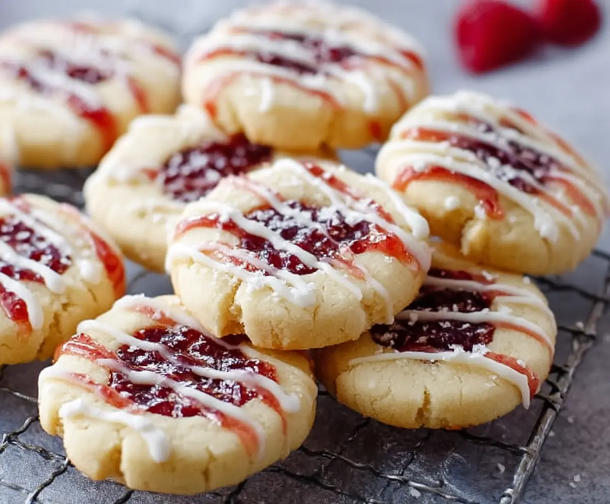 Delicious Raspberry Drizzle Shortbread Cookies with vibrant raspberry glaze and buttery shortbread texture.