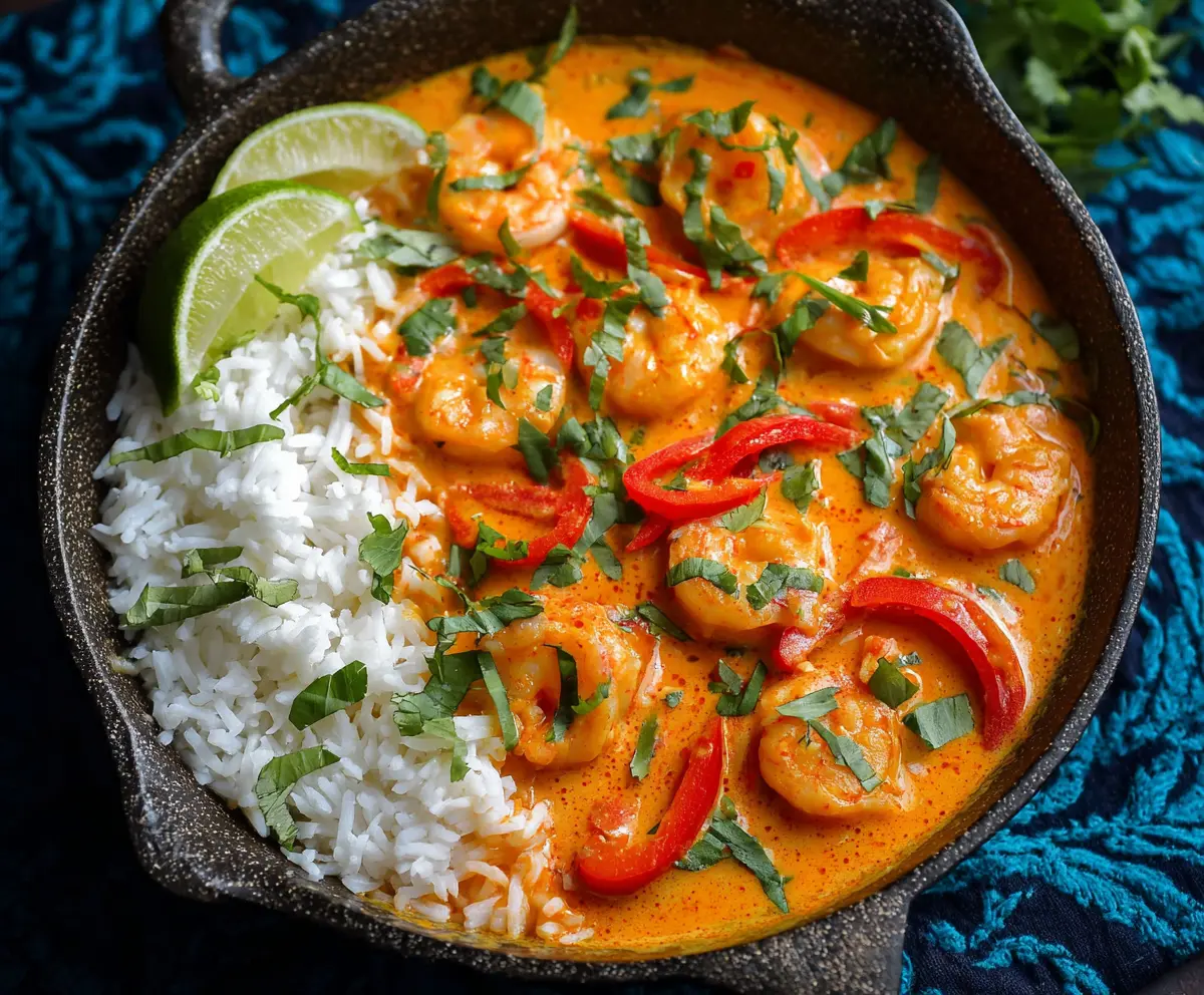 Delicious Red Thai Coconut Shrimp Curry served in a bowl, showcasing tender shrimp and vibrant red curry sauce.