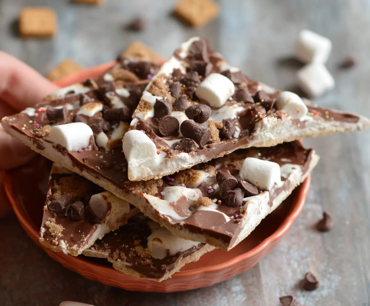 Delicious S'mores Yogurt Bark topped with marshmallows, chocolate chips, and graham cracker crumbs on a rustic wooden surface.