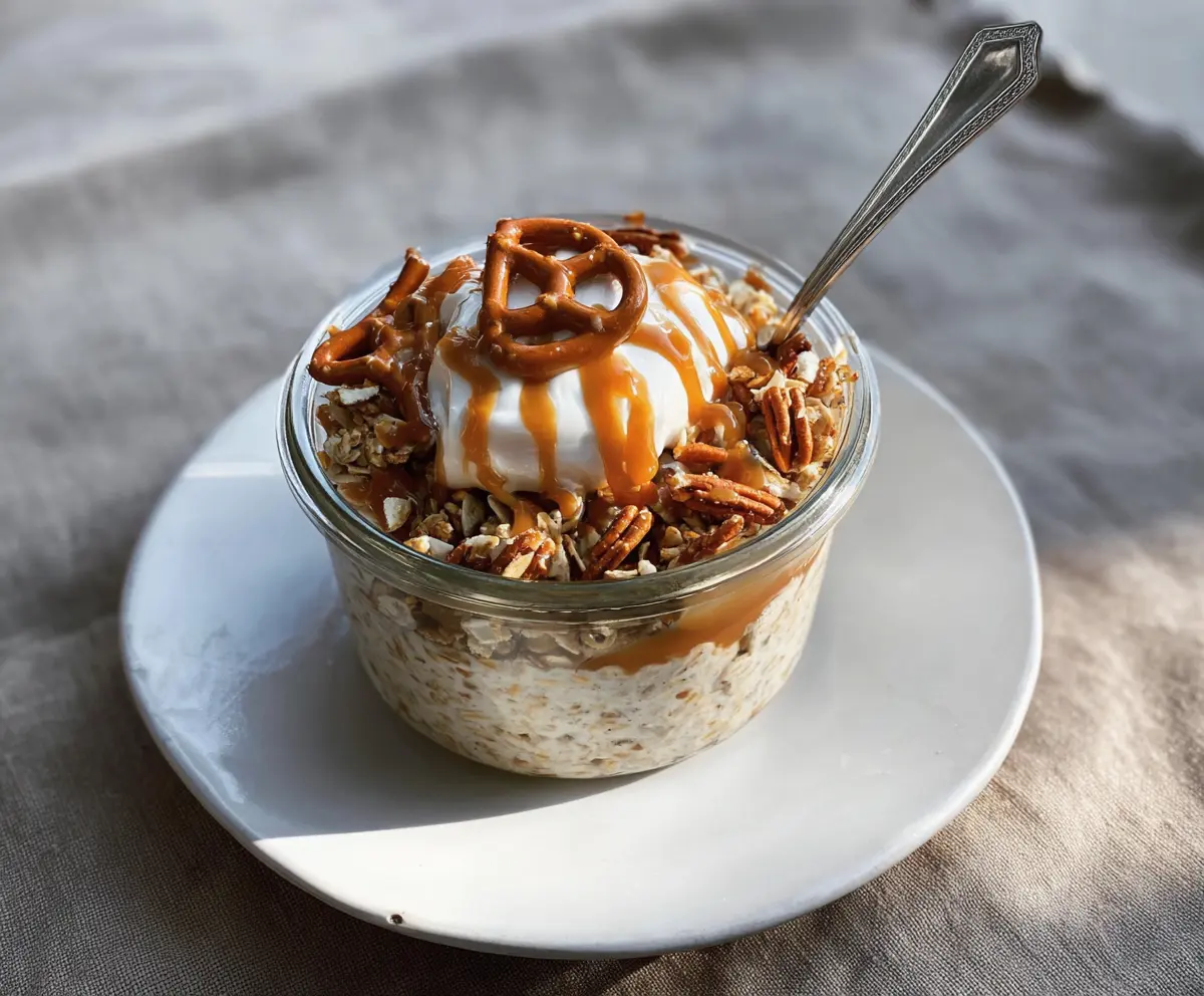 Delicious salted caramel pretzel overnight oats in a glass jar, topped with pretzels and caramel drizzle.