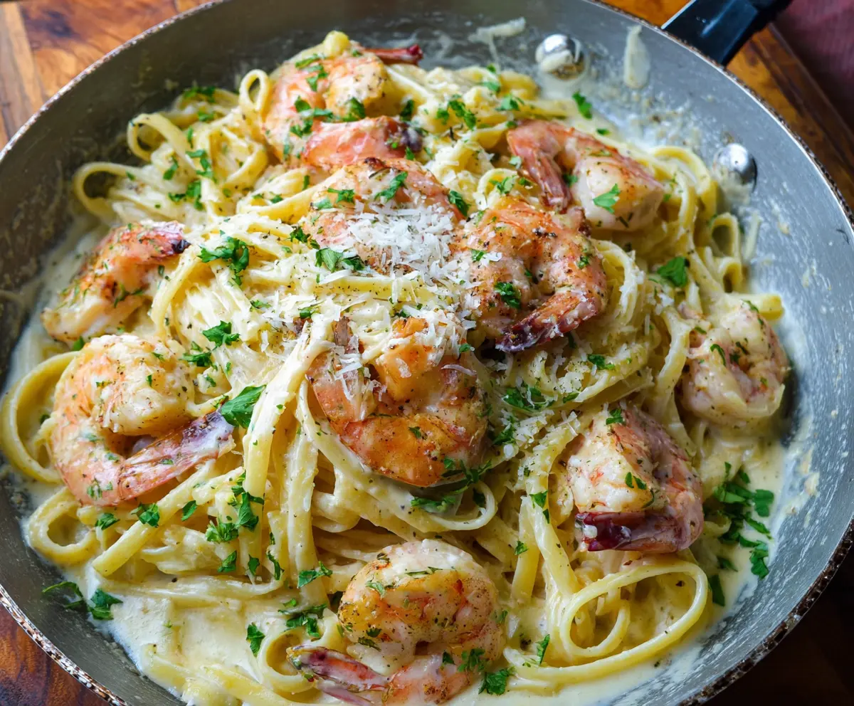 Delicious shrimp Alfredo linguine dish garnished with herbs on a white plate.