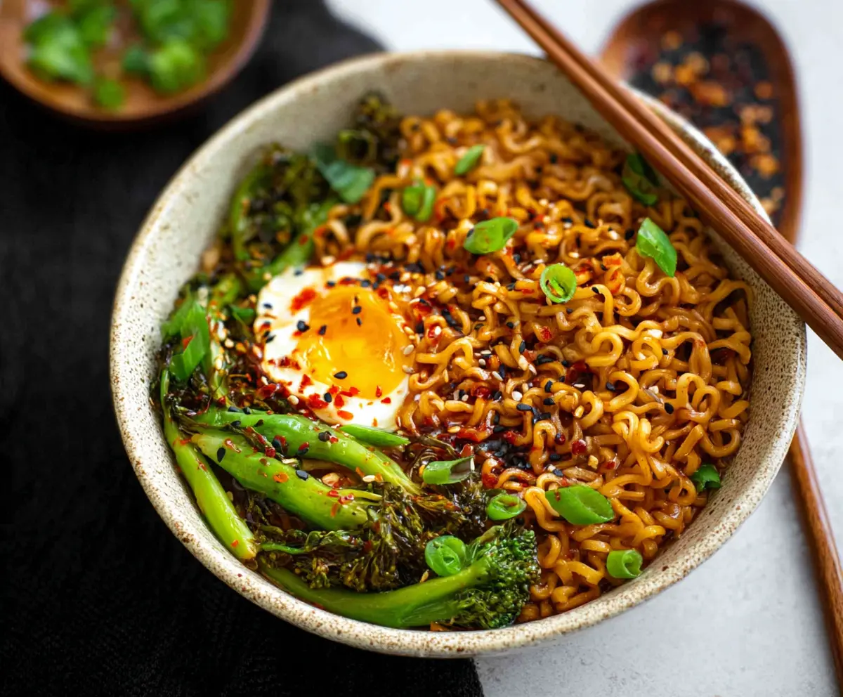 Delicious stir fry ramen noodles with colorful vegetables and tender meat