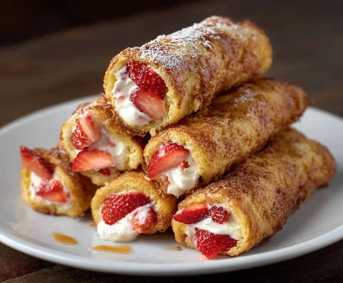 Sweet strawberry cream cheese roll-ups on a plate, perfect for breakfast or snacks.