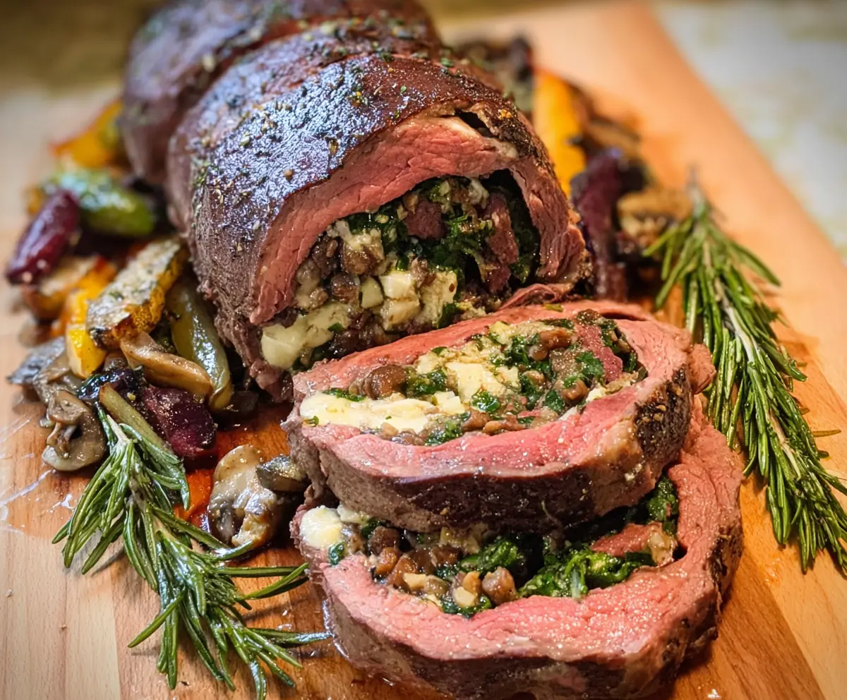 Juicy stuffed beef tenderloin filled with herbs and cheese, ready to be served for a gourmet dinner.