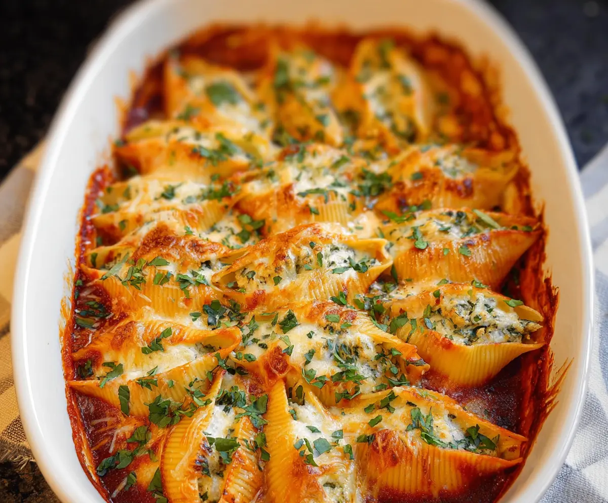 Delicious baked stuffed shells filled with ricotta and spinach, topped with marinara sauce and melted cheese.