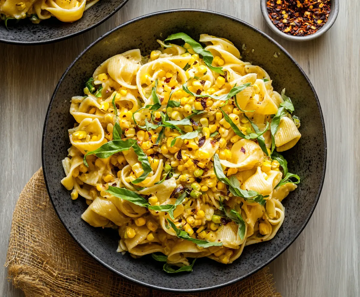 Delicious sweet corn pasta served on a plate, garnished with herbs for a flavorful vegetarian meal.