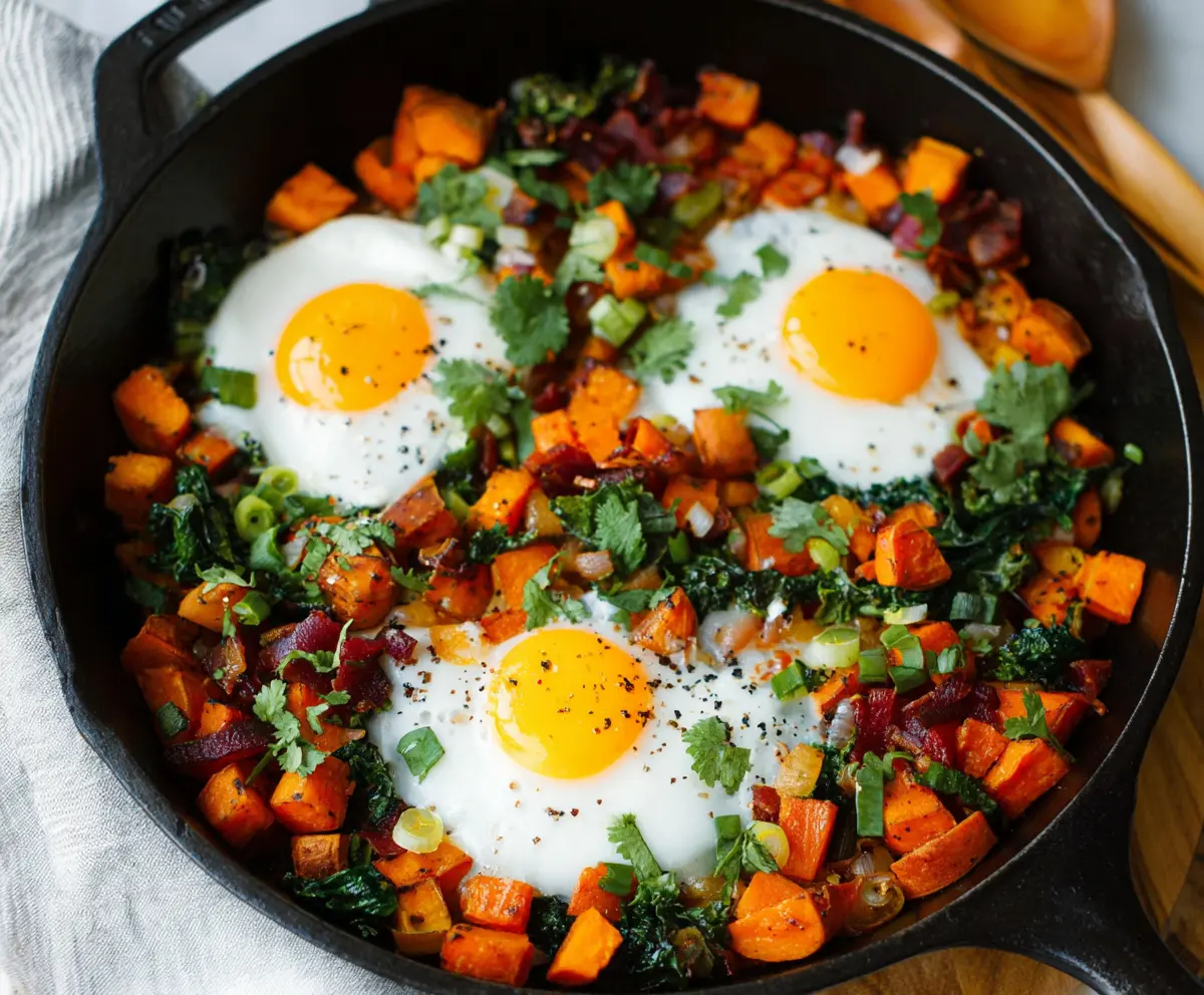 Hearty sweet potato breakfast hash with vegetables and herbs for a nutritious start to your day.