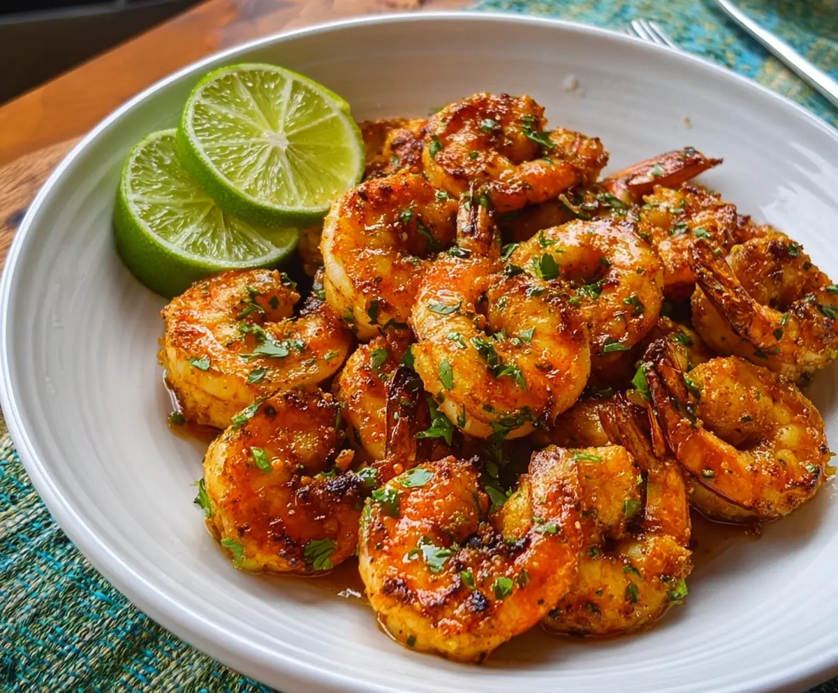 Juicy tequila lime shrimp dish garnished with fresh herbs on a rustic plate