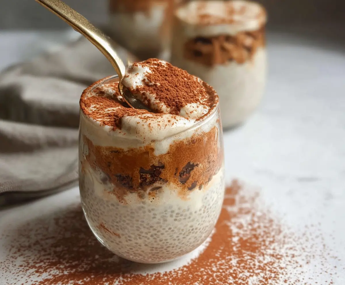 Delicious Tiramisu Chia Pudding topped with cocoa powder and espresso for a creamy dessert.