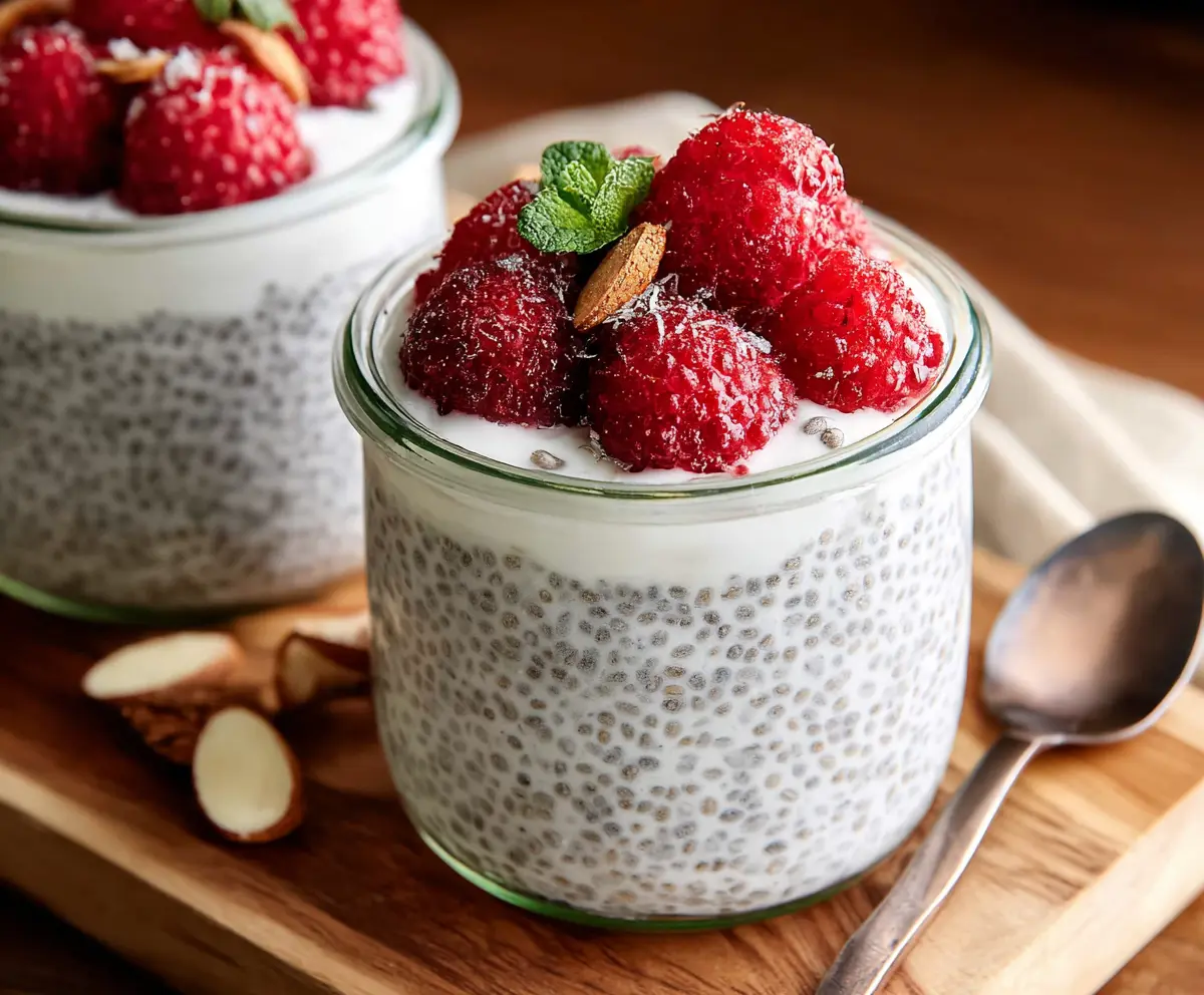 Creamy vanilla chia seed pudding topped with Greek yogurt and fresh berries, perfect for a healthy breakfast or snack.