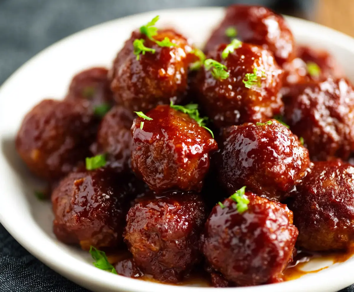 Delicious 3-ingredient crockpot BBQ meatballs served on a plate, perfect for easy dinner recipes.