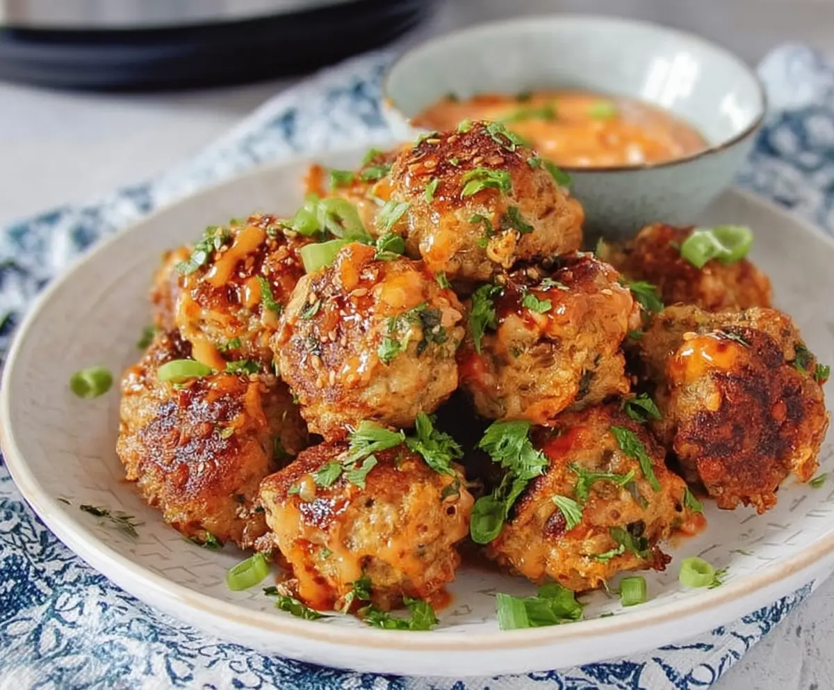 Delicious air fryer Bang Bang chicken meatballs with a crispy exterior and spicy, creamy sauce.