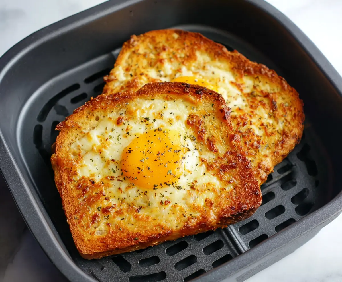 Delicious air fryer egg and cheese toast served on a plate for breakfast.