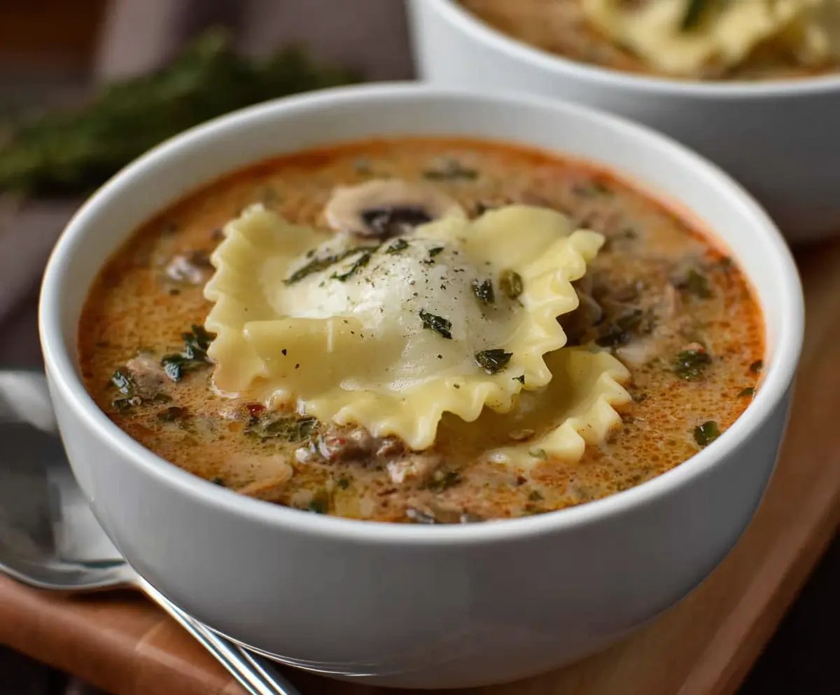 Creamy Alfredo Lasagna Soup in a bowl with melted cheese and fresh herbs